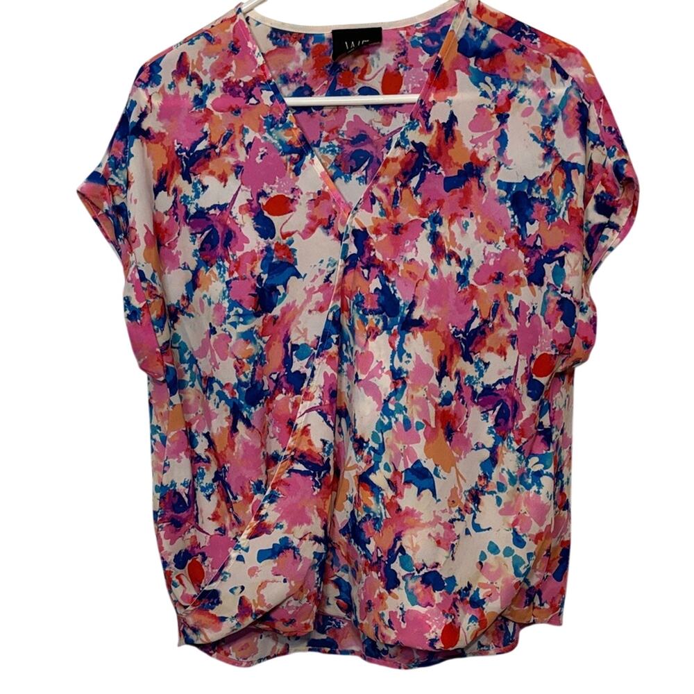W5 Women’s Pink and Blue Abstract Patterned Short Sleeve Wrap Style Blouse L